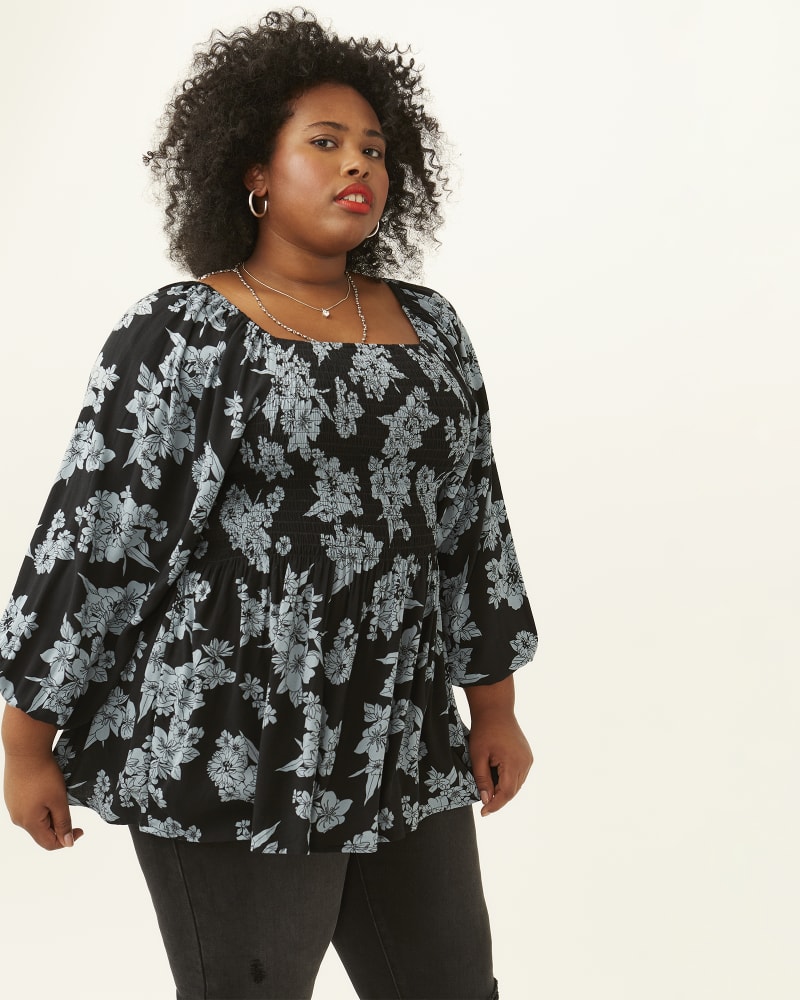 Front of plus size Julia Printed Smocked Woven Top by B COLLECTION BY BOBEAU CURVY | Dia&Co | dia_product_style_image_id:184262